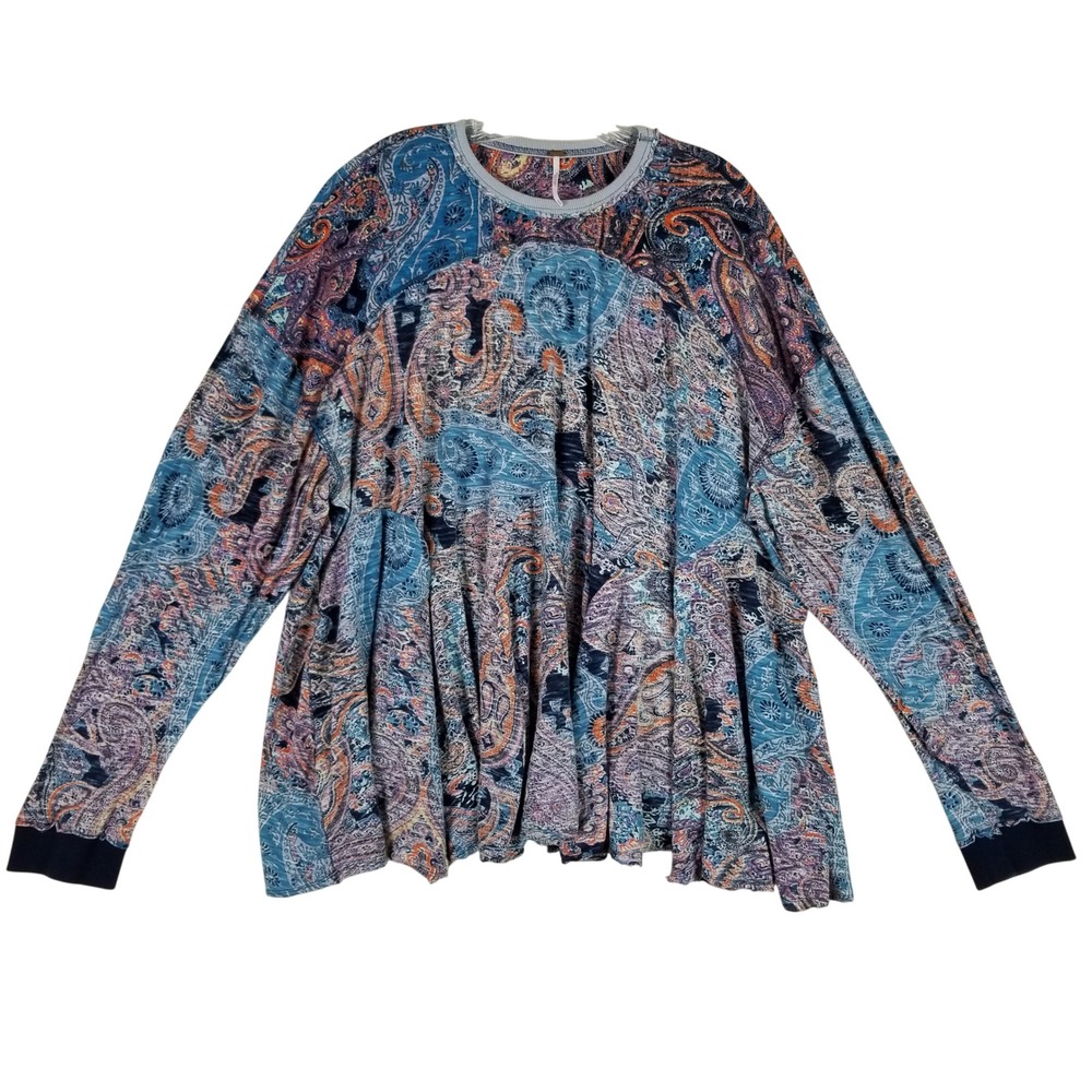 Free People Tunic Top Womens XS Blue Paisley Long Sleeve Relaxed Boho